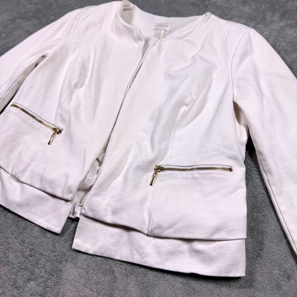 Chico's Ivory Ponte Knit Open Front Jacket Women's 2 Medium Zip Pockets Long Sle